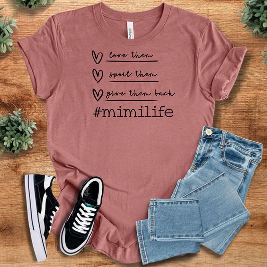 #MimiLife T-Shirt in mauve with heart and quote design, ideal gift for grandmas. Soft cotton tee for casual wear and family occasions.