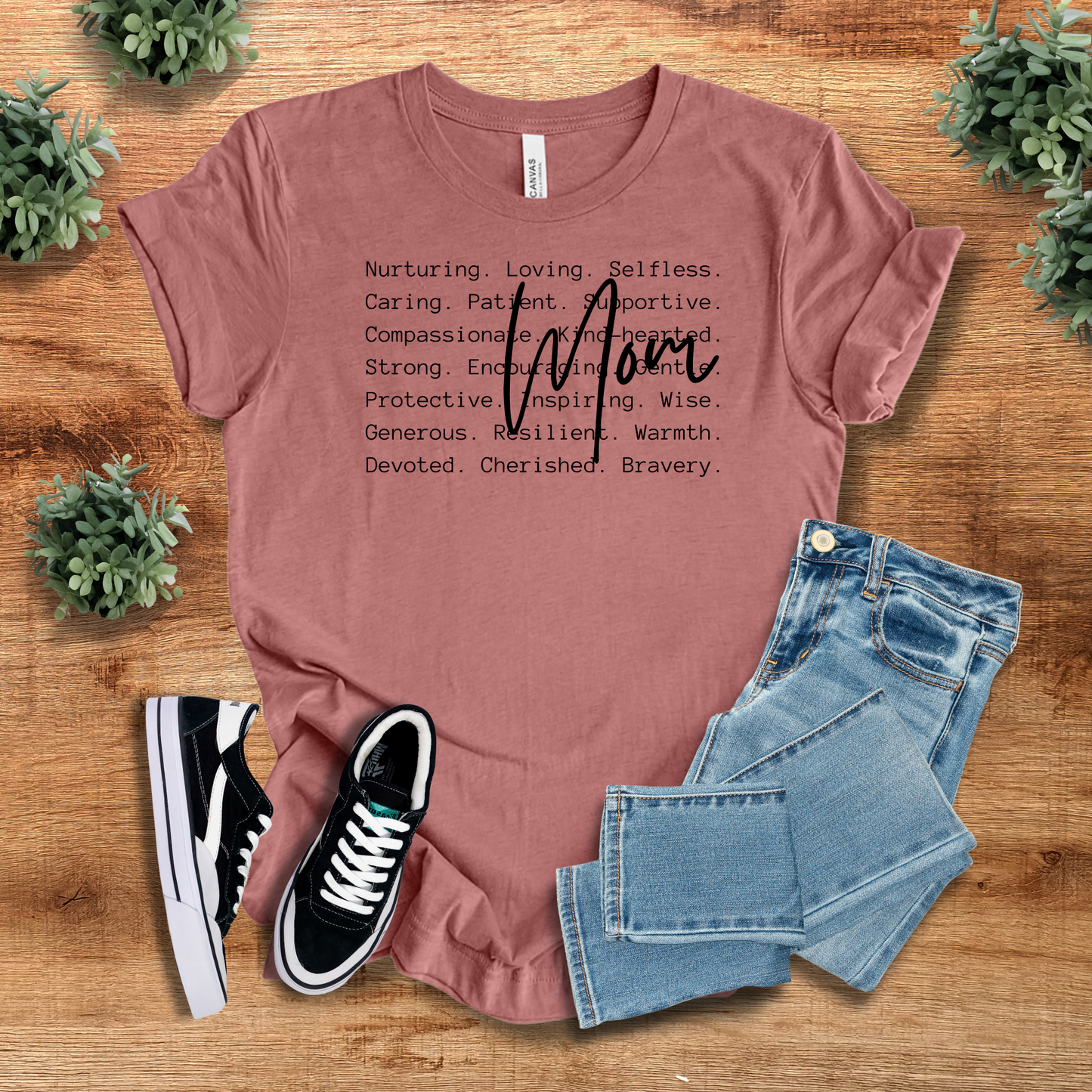 Mom Affirmation T-Shirt in mauve with uplifting motherhood quotes. Comfortable and stylish, ideal for daily wear or as a sentimental gift for mothers.