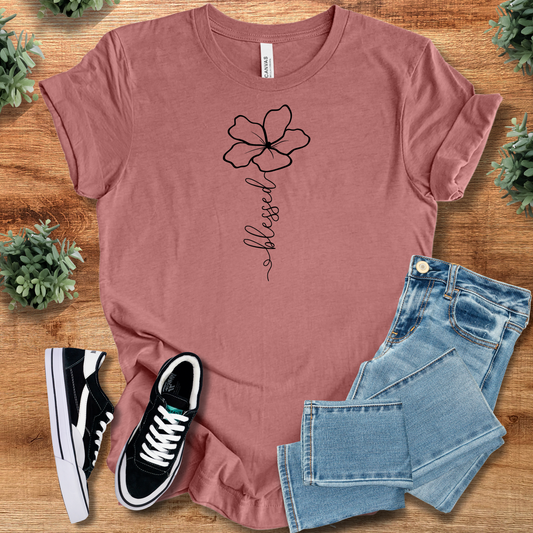 Blessed Flower Tee in mauve with black floral graphic and 'blessed' script, 100% cotton Christian T-shirt for casual faith-inspired fashion.