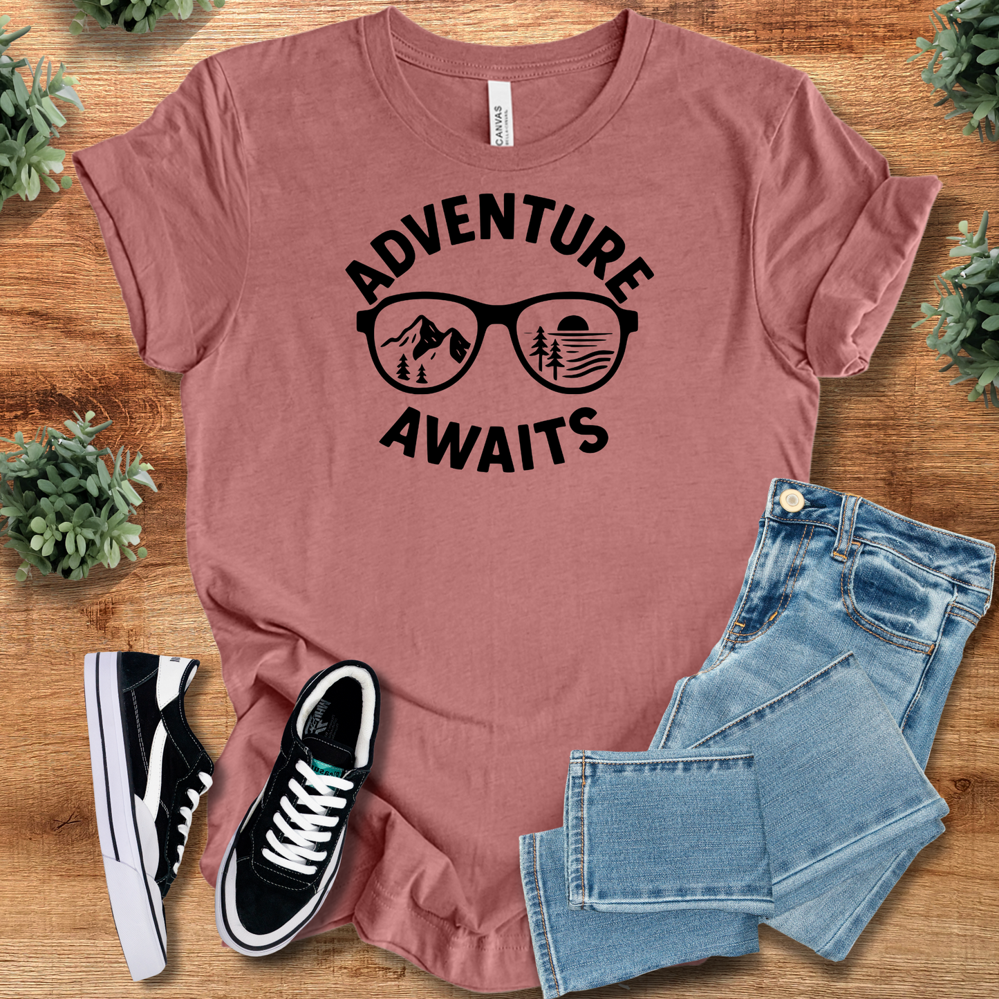 Army t-shirt with '' text, flat lay styled on a wooden surface.