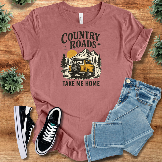 Country Roads T-Shirt in mauve with retro SUV and mountain print, perfect for outdoor adventure and nostalgic road trips.