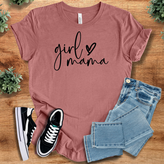 Girl Mama Tee in mauve pink with black script text, 100% cotton girl mom t-shirt styled with jeans and sneakers for casual wear.