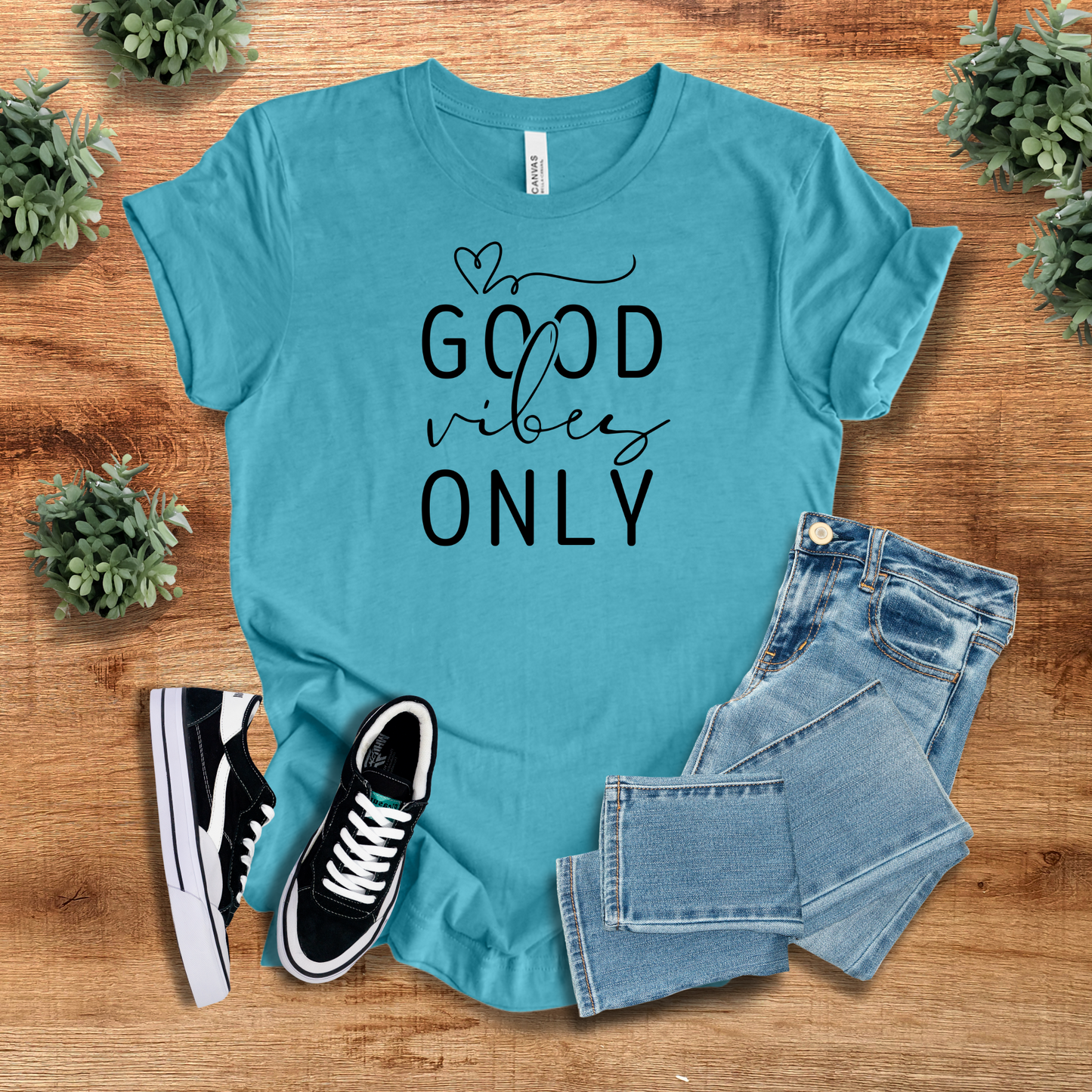 Good Vibes Only T-Shirt in vibrant turquoise with bold typography. A soft, stylish, and uplifting tee for a fresh and energetic look.