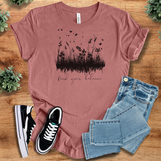 Find Your Balance T‑Shirt in mauve on soft Bella+Canvas 3001 with black nature-inspired graphic and uplifting message. Minimalist comfy unisex tee.