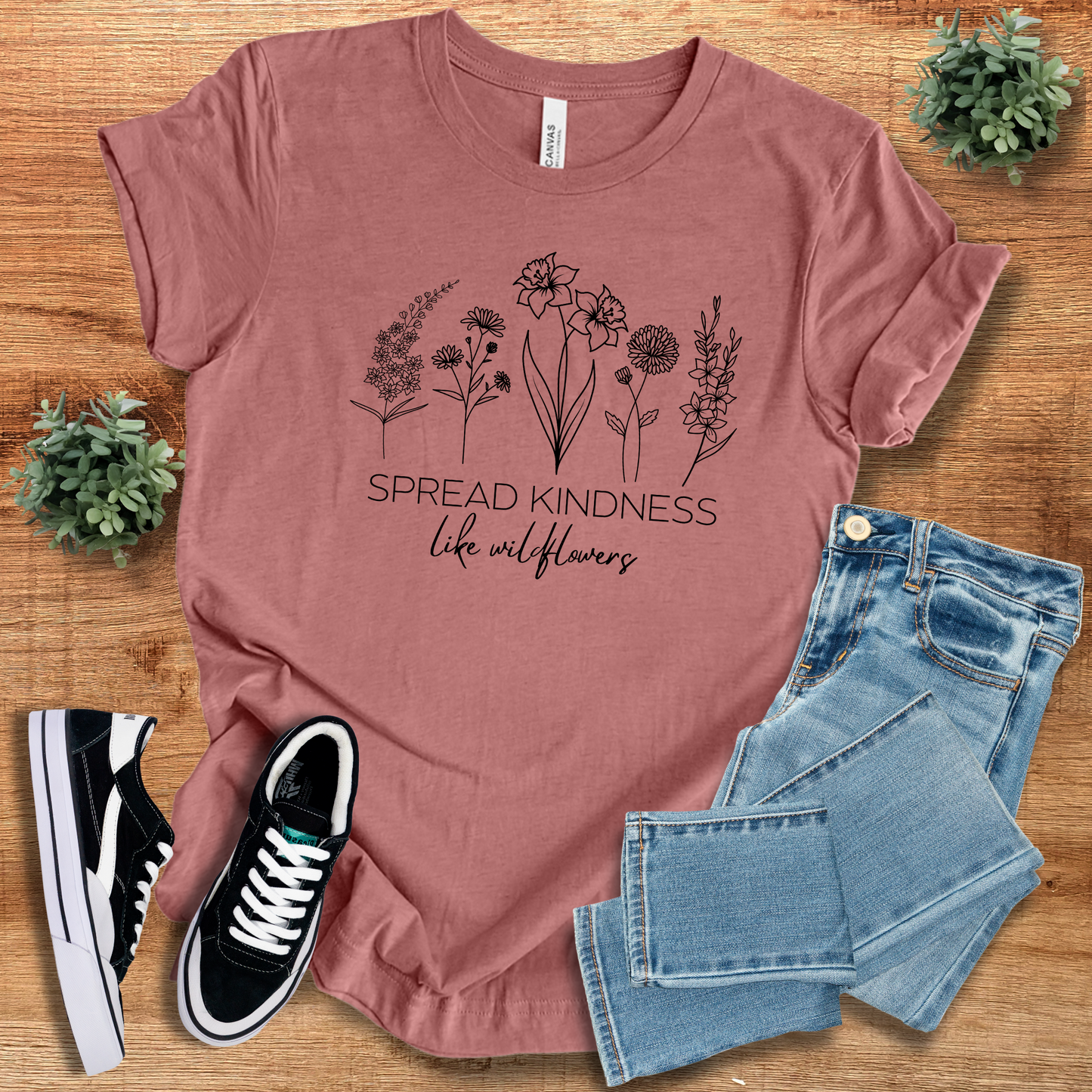 Mauve Spread Kindness Like Wildflowers T-Shirt featuring a delicate floral design. Soft and stylish unisex cotton tee for a minimalist and trendy look.