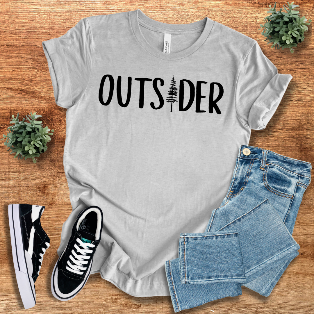 Heather Gray Outsider T-Shirt Classic Unisex Soft Cotton Tee with black print. A versatile, breathable, and eco-friendly casual wear staple.