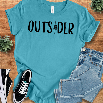 Athletic-heather t-shirt with '' text, flat lay styled on a wooden surface.