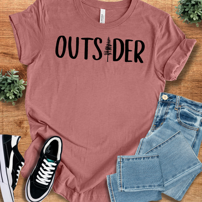 Athletic-heather t-shirt with '' text, flat lay styled on a wooden surface.