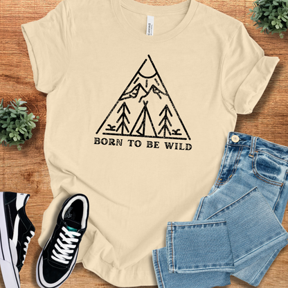 Athletic-heather t-shirt with '' text, flat lay styled on a wooden surface.