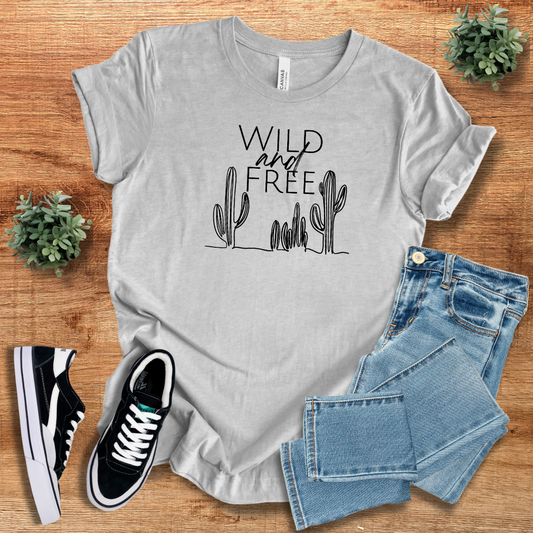 Light gray Wild and Free Cactus T-shirt featuring a stylish cactus graphic, ideal for casual outfits. Crafted from breathable cotton for all-day comfort.