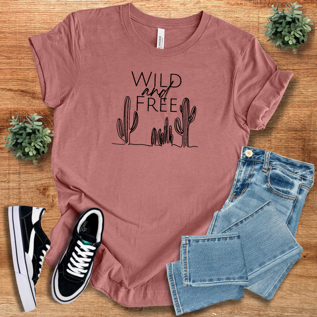 Mauve Wild and Free Cactus T-shirt with a chic cactus design, perfect for casual wear. Crafted from lightweight cotton for a breathable and stylish fit.