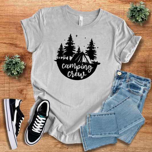 Light gray Camping Crew T-shirt with a black camping-themed graphic, offering a stylish and comfortable choice for hiking and outdoor fun.