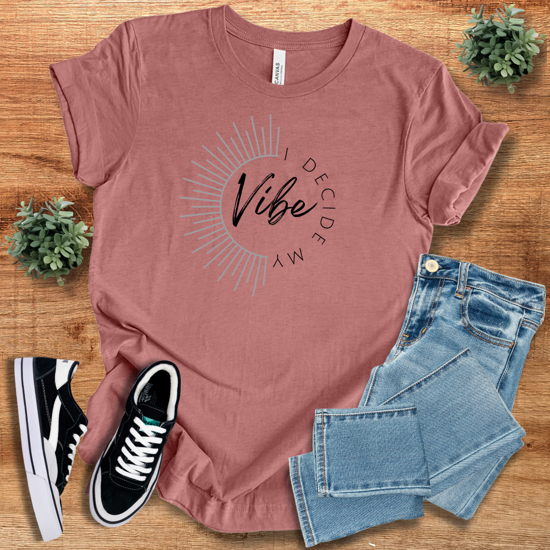 Mauve 'I Decide My Vibe' classic unisex short sleeve tee featuring a trendy sunburst design. Soft cotton fabric for a relaxed and stylish look.