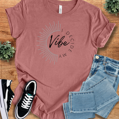 Athletic-heather t-shirt with '' text, flat lay styled on a wooden surface.
