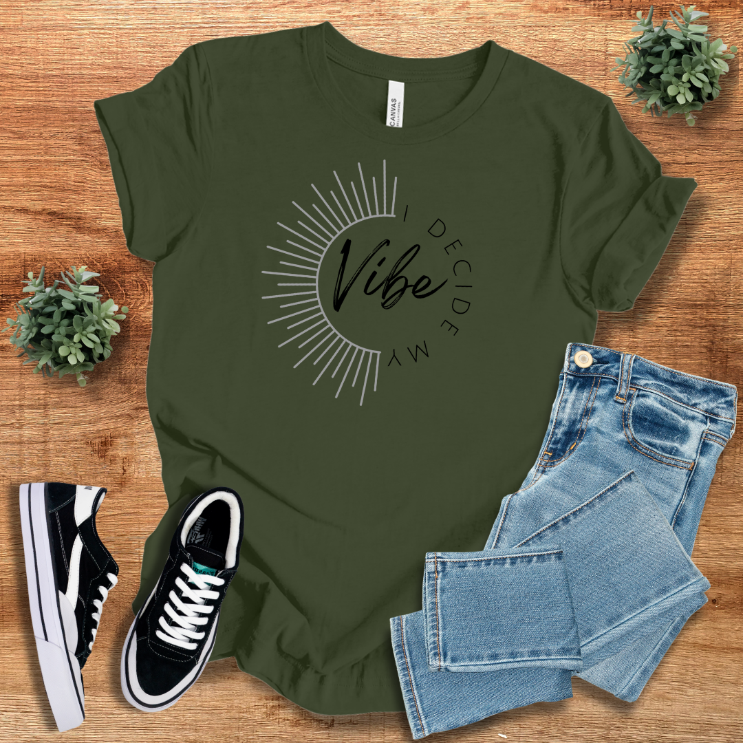 Olive green 'I Decide My Vibe' classic unisex short sleeve tee with a modern sunburst design. A fashionable and comfortable casual wear option.