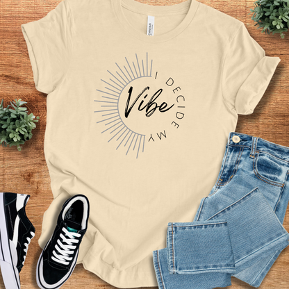 Athletic-heather t-shirt with '' text, flat lay styled on a wooden surface.