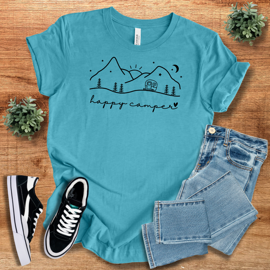 Turquoise Happy Camper T-shirt with a minimalist outdoor design. Comfortable cotton fabric, unisex fit, great for nature enthusiasts.