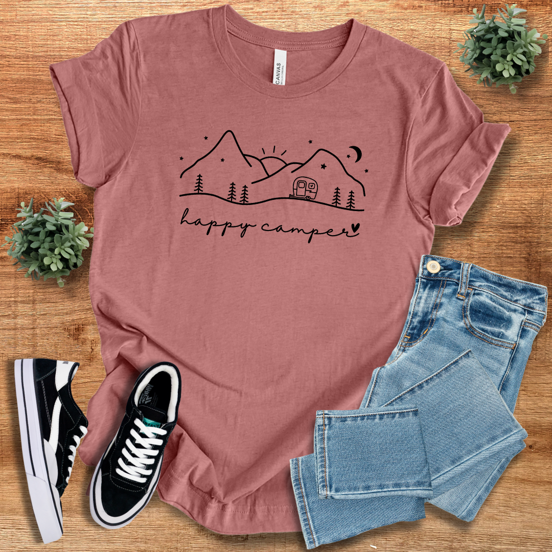 Rose Happy Camper T-shirt featuring a scenic mountain and camper print. Classic crew neck, unisex fit, ideal for comfortable everyday wear.