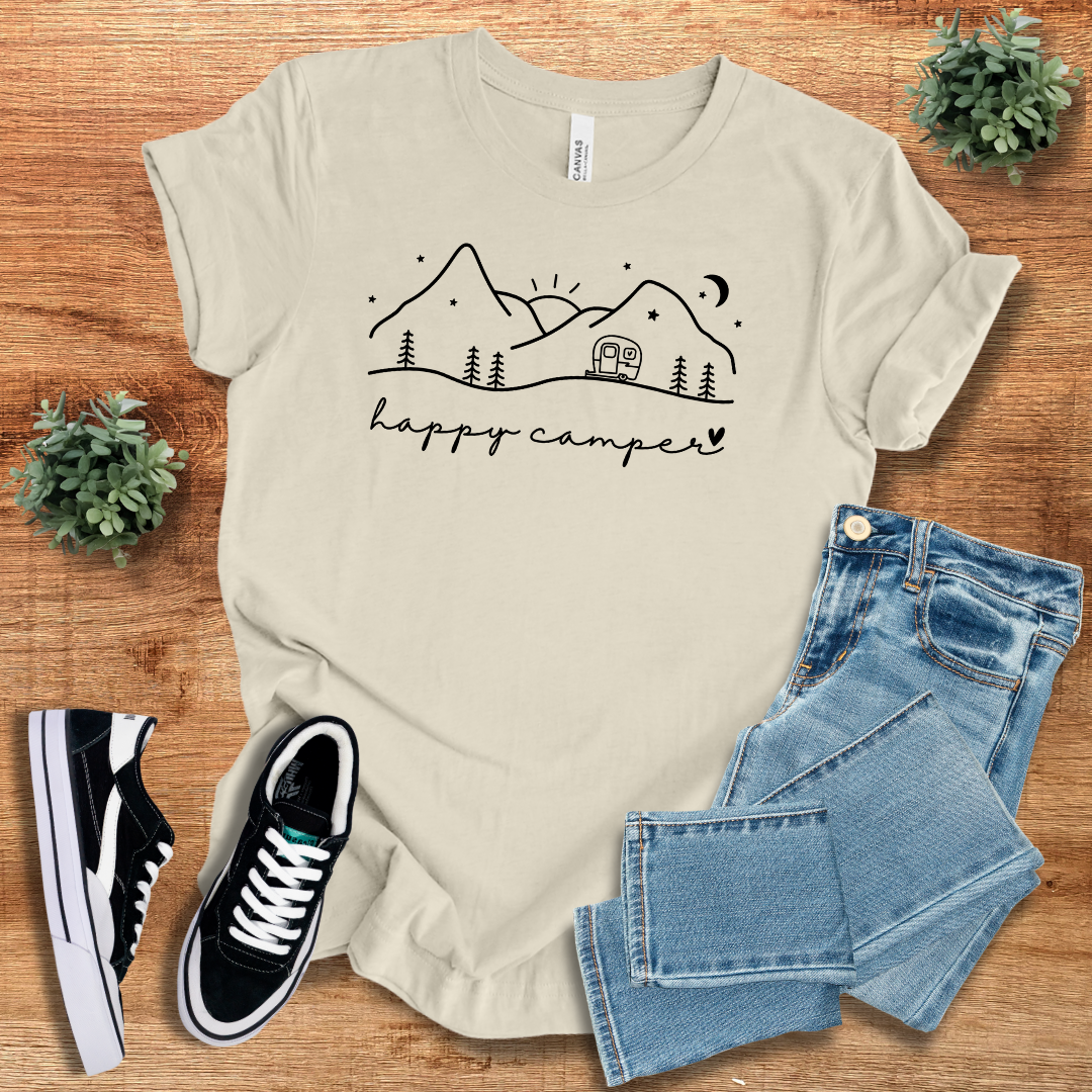 Cream Happy Camper T-shirt with a minimalist nature-inspired print. Soft cotton, classic crew neck, perfect for casual and outdoor wear.