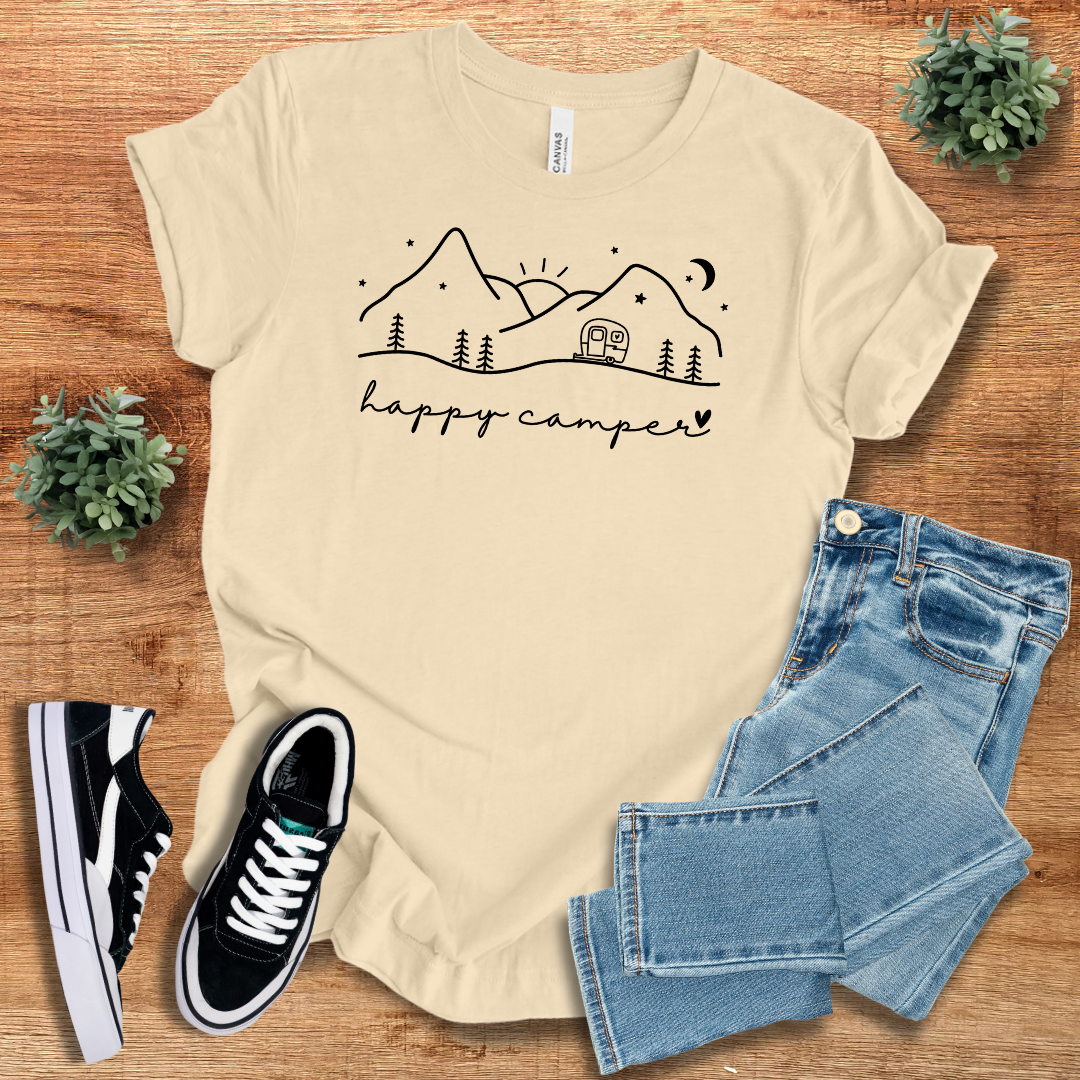 Beige Happy Camper T-shirt with a black outdoor-themed design. Regular fit, soft cotton fabric, great for casual and travel outfits.