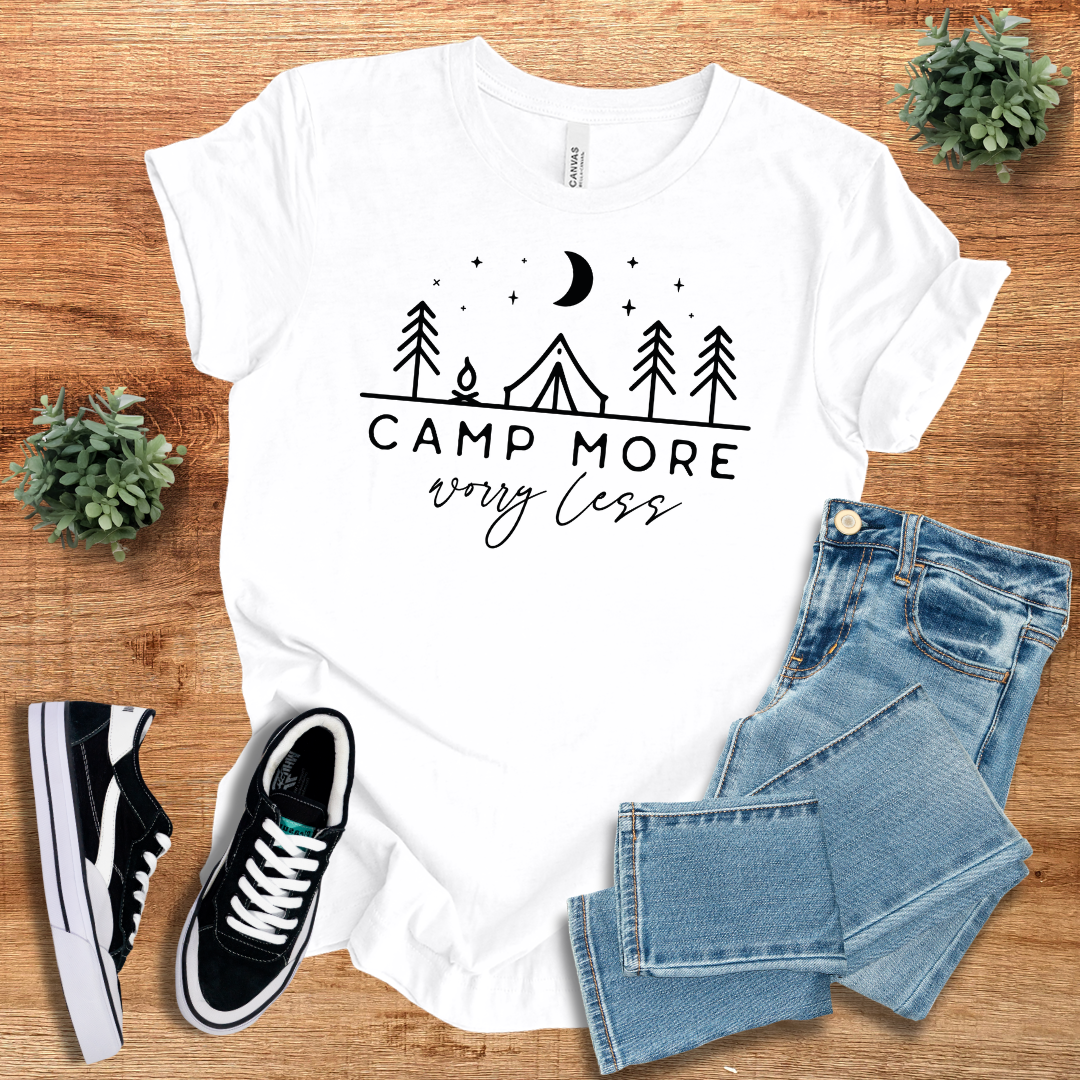 Classic white 'Camp More Worry Less' t-shirt with a black camping graphic. A lightweight and versatile tee for outdoor lovers and casual wear.