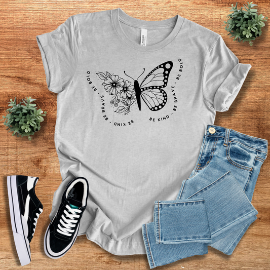 Gray Butterfly Tshirt Classic Unisex Soft Cotton Tee with a bold butterfly and floral print. Eco-friendly, breathable cotton for a relaxed and stylish look.