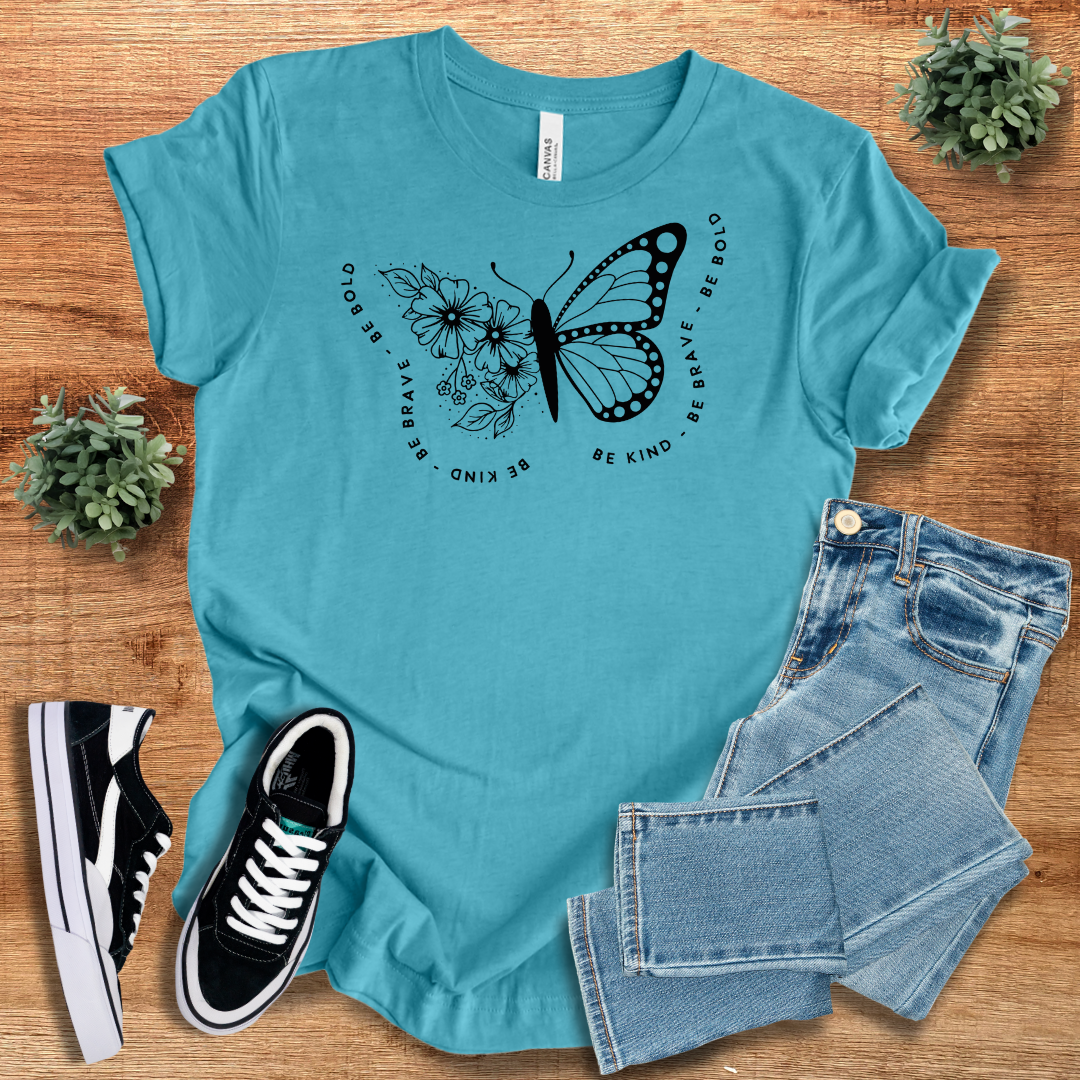 Teal Butterfly Tshirt Classic Unisex Soft Cotton Tee with a unique butterfly and floral print. Comfortable and stylish, perfect for casual outings.