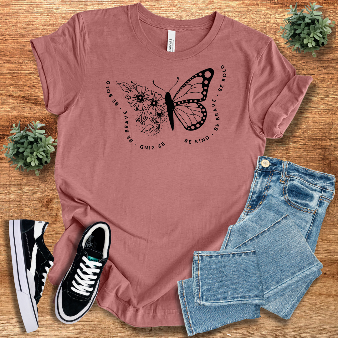 Mauve Butterfly Tshirt Classic Unisex Soft Cotton Tee with an artistic butterfly and floral print. Breathable and stylish, perfect for casual fashion lovers.