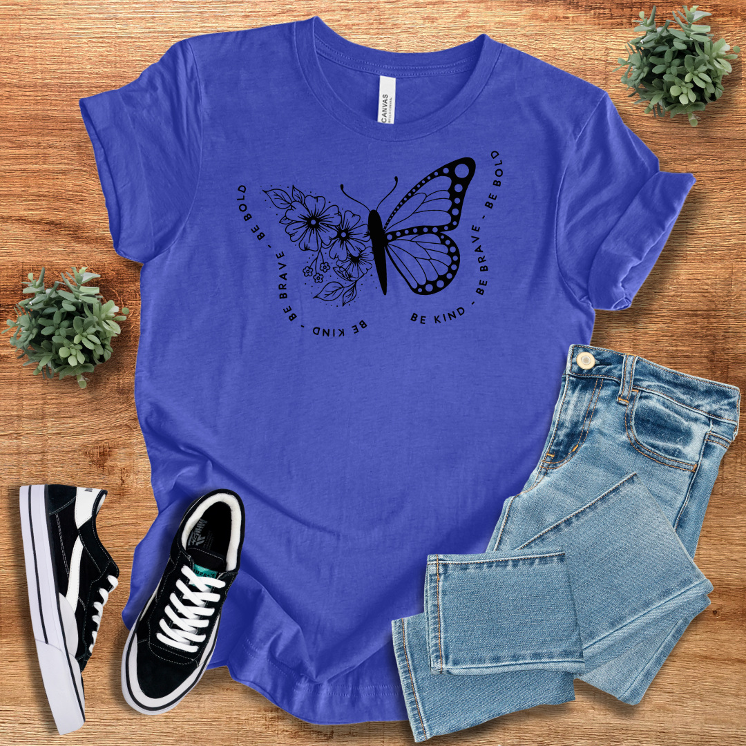 Royal Blue Butterfly Tshirt Classic Unisex Soft Cotton Tee with a stylish butterfly and floral design. Regular fit, ideal for casual and versatile fashion.