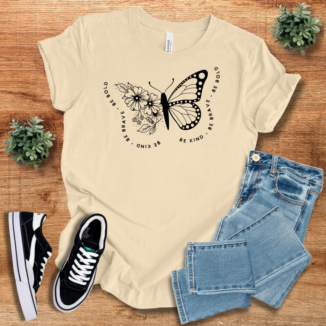 Beige Butterfly Tshirt Classic Unisex Soft Cotton Tee with an elegant butterfly and floral design. Classic crew neck, perfect for sustainable and casual fashion.
