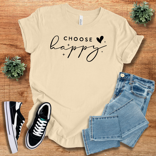 Beige 'Choose Happy' t-shirt in a soft unisex classic style, paired with denim jeans and sneakers. Comfortable cotton crew neck tee for everyday wear.