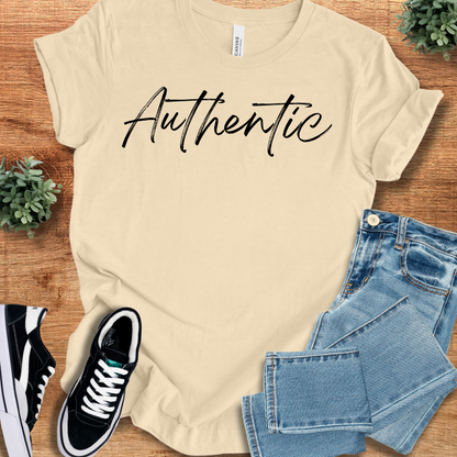 Athletic-heather t-shirt with '' text, flat lay styled on a wooden surface.
