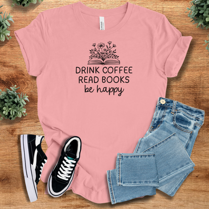 Heather-navy t-shirt with '' text, flat lay styled on a wooden surface.