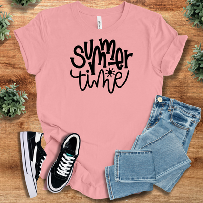 Heather-aqua t-shirt with '' text, flat lay styled on a wooden surface.
