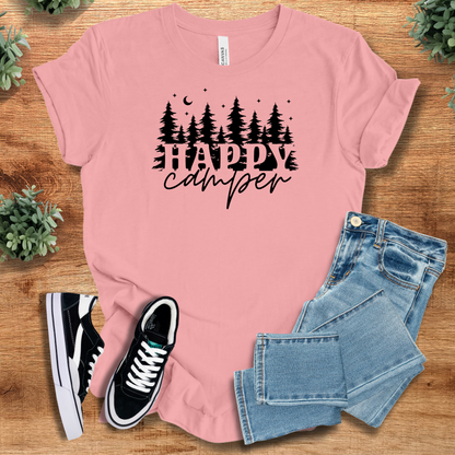 Military-green t-shirt with '' text, flat lay styled on a wooden surface.