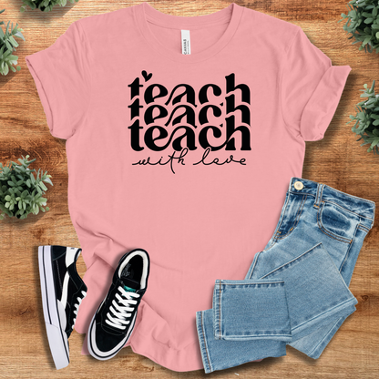 White t-shirt with '' text, flat lay styled on a wooden surface.