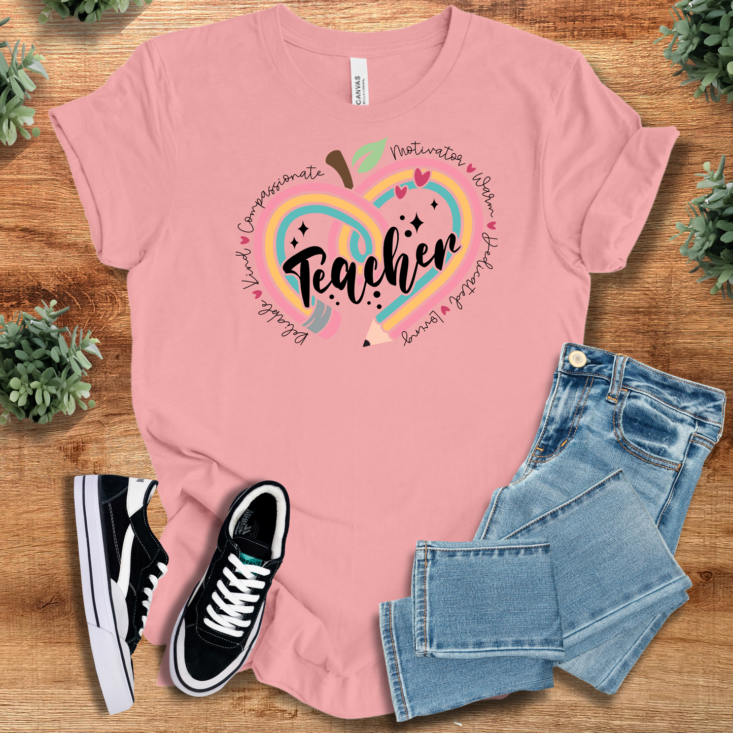Pink Teacher Appreciation Gifts T-Shirt with colorful apple-heart design and positive affirmations. Stylish and soft cotton tee for teachers.