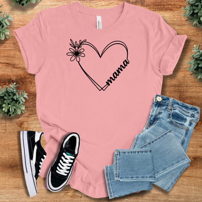Heather-navy t-shirt with '' text, flat lay styled on a wooden surface.