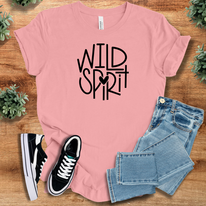 Heather-aqua t-shirt with '' text, flat lay styled on a wooden surface.