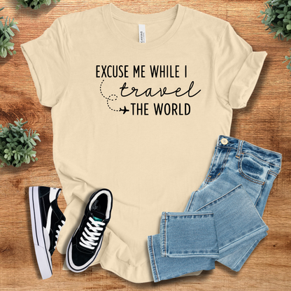 Athletic-heather t-shirt with '' text, flat lay styled on a wooden surface.