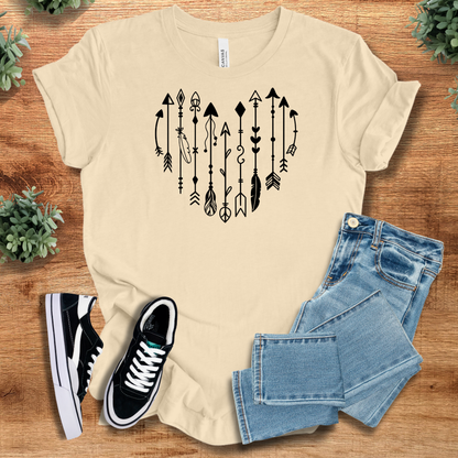 Athletic-heather t-shirt with '' text, flat lay styled on a wooden surface.