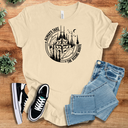 Heather-navy t-shirt with '' text, flat lay styled on a wooden surface.