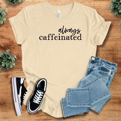 Athletic-heather t-shirt with '' text, flat lay styled on a wooden surface.