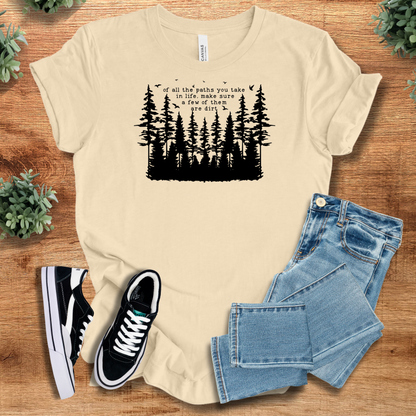 Heather-mauve t-shirt with '' text, flat lay styled on a wooden surface.