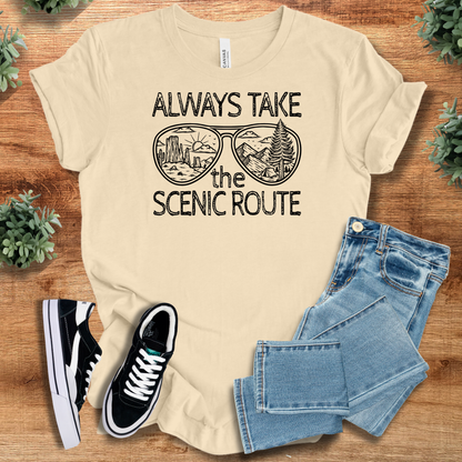 Athletic-heather t-shirt with '' text, flat lay styled on a wooden surface.