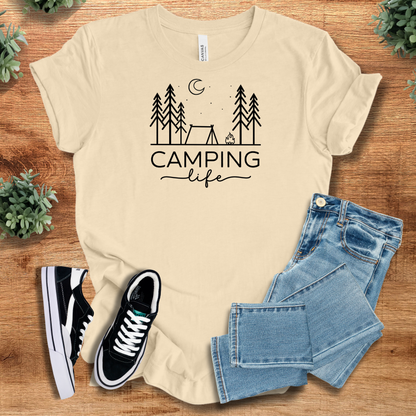 Athletic-heather t-shirt with '' text, flat lay styled on a wooden surface.