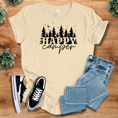 Military-green t-shirt with '' text, flat lay styled on a wooden surface.