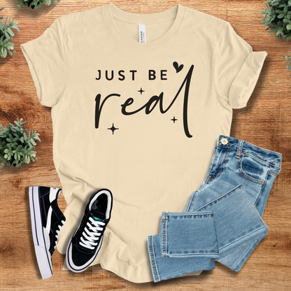 Athletic-heather t-shirt with '' text, flat lay styled on a wooden surface.