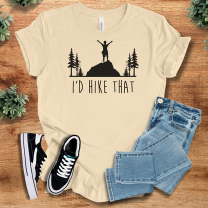 Heather-aqua t-shirt with '' text, flat lay styled on a wooden surface.