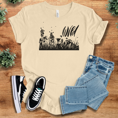 Athletic-heather t-shirt with '' text, flat lay styled on a wooden surface.
